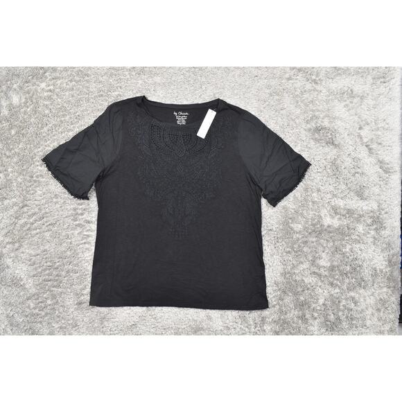NEW Chico's Size 3 Black Cotton Blend Blouse SS Knit Flutter Tee Embroider - Picture 3 of 6